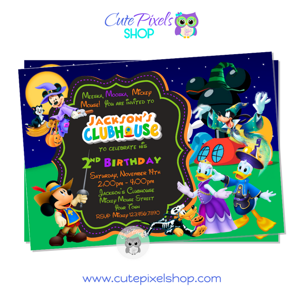 Mickey Halloween invitation with all Mickey Mouse clubhouse friends wearing Halloween costumes. Orange design