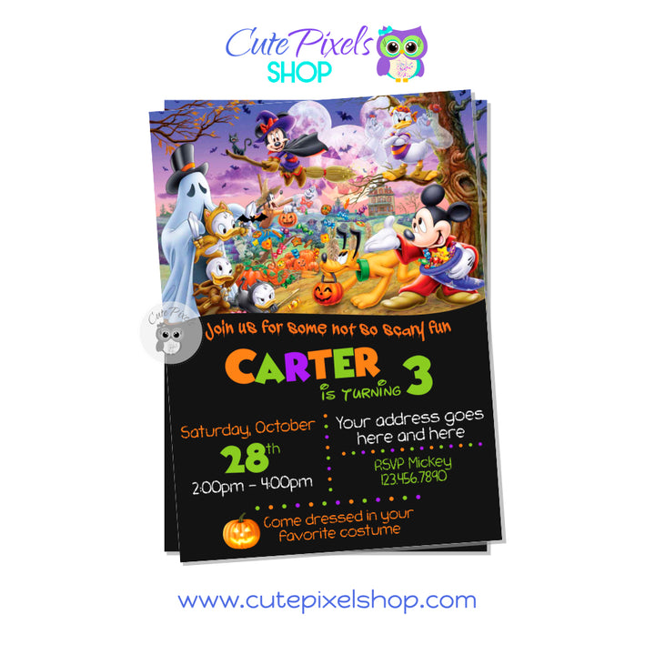 Mickey Mouse Halloween invitation with all Mickey Mouse friends in a Halloween Costume and Halloween background