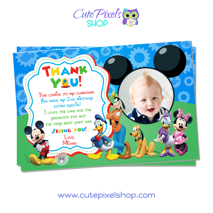 Mickey Mouse Clubhouse Thank You card with your child's photo in the Mickey Mouse ears and all Clubhouse friends in there too. Red Design.