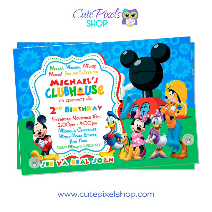 Mickey Mouse Clubhouse invitation card with all Culbhhouse friends red design.