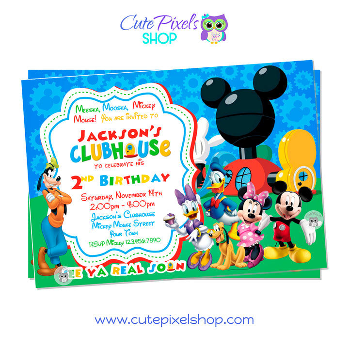 Mickey Mouse Birthday Invitation with the Mickey Mouse Clubhouse Friends. Red Design
