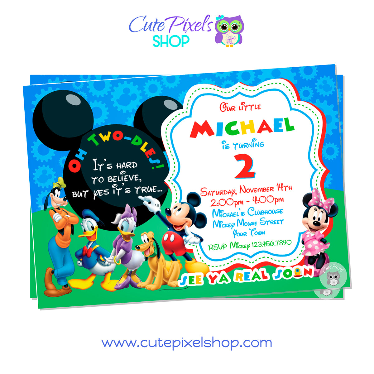 Mickey Mouse Birthday Invitation Twodles Style 04 Cute Pixels Shop