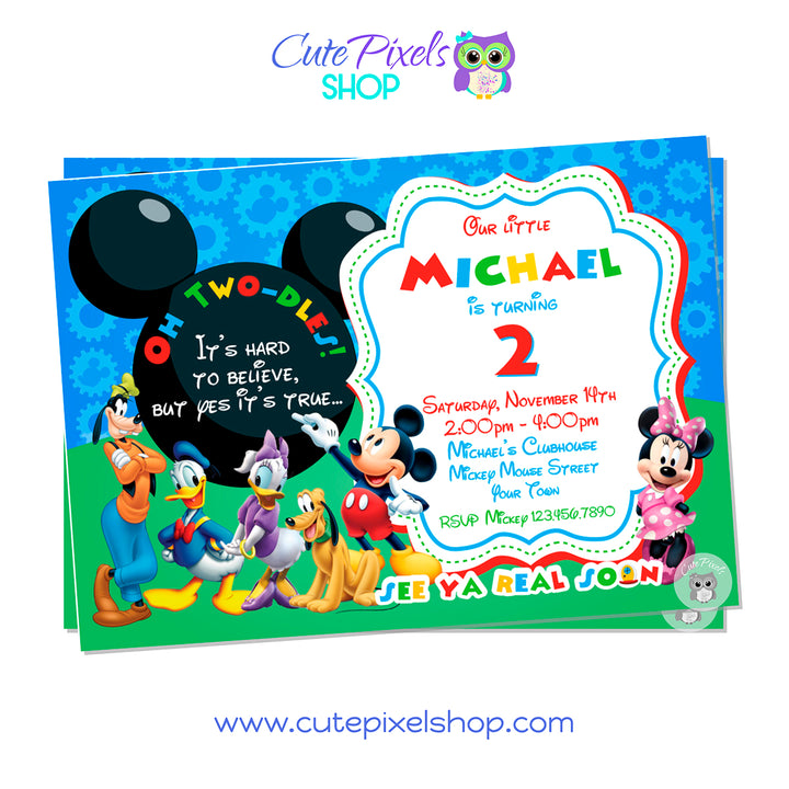 Mickey Mouse invitation. Oh Two-dles invitation perfect for a two birthday party with Mickey mouse clubhouse. Red Design