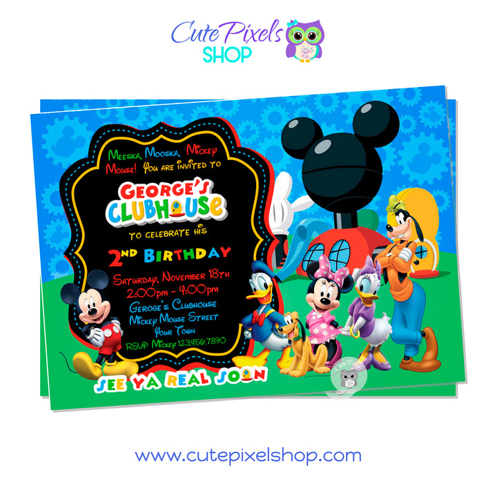Mickey Mouse Clubhouse invitation with mickey gears background  and all clubhouse friends. Red Design