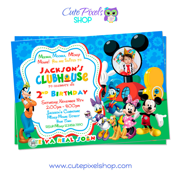 Mickey Mouse Birthday Invitation with the Mickey Mouse Clubhouse Friends and your child's photo. Red Design