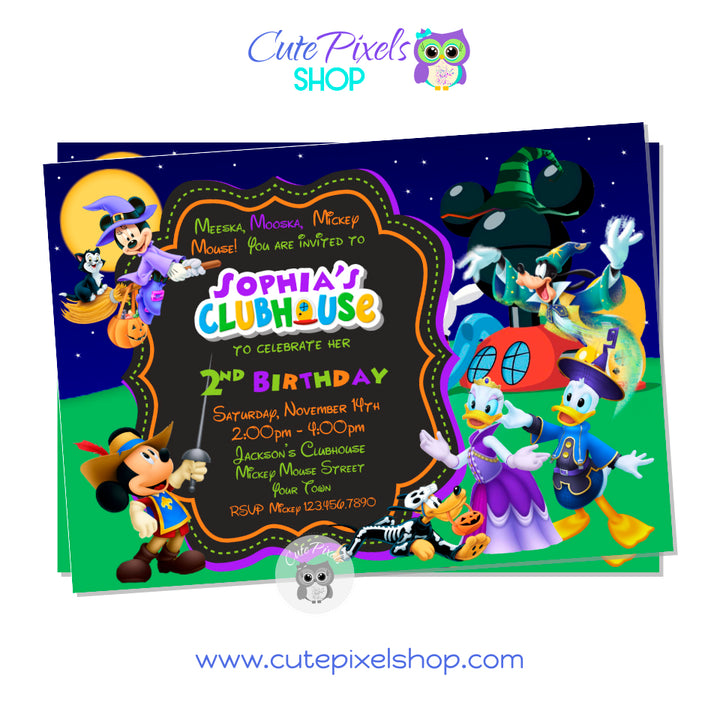 Mickey Halloween invitation with all Mickey Mouse clubhouse friends wearing Halloween costumes. Purple design