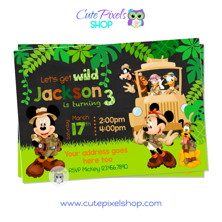 Mickey Mouse Safari invitation with Mickey, Minnie, Daisy, Donald and Goofy in Safari outfit perfect for a wild birthday