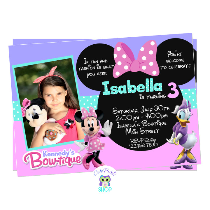Minnie's Bow-Toons Invitation, Minnie Bowtique invitation, Minnie and Daisy in a pink and purple invitation. Includes child's photo