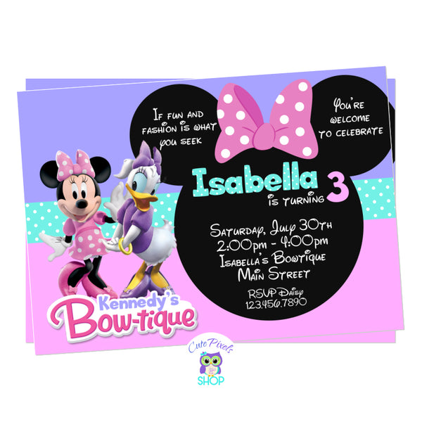 Minnie's Bow-Toons Invitation, Minnie Bowtique invitation, Minnie and Daisy in a pink and purple invitation.