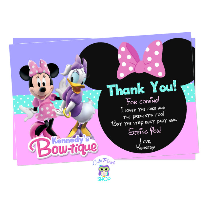 Minnie's Bow-Toons Card, Minnie Bowtique thank you card, Minnie and Daisy in a pink and purple card.