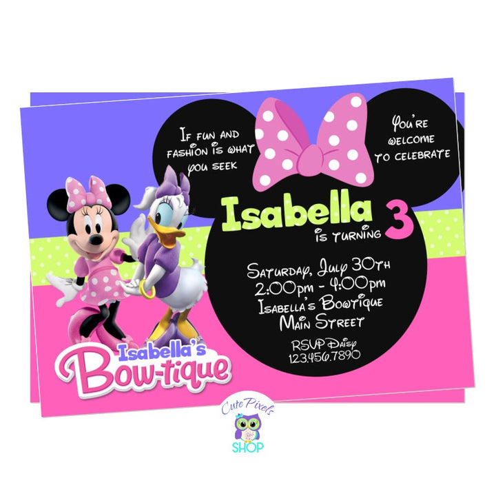 Minnie's Bow-Toons Invitation, Minnie Bowtique invitation, Minnie and Daisy in a hot pink, purple and green invitation.