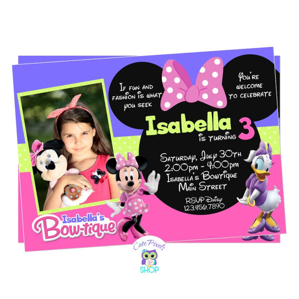 Minnie's Bow-Toons Invitation, Minnie Bowtique invitation, Minnie and Daisy in a hot pink, purple and green invitation.. Includes child's photo