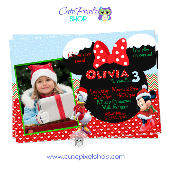 Minnie Mouse and Daisy Duck Christmas Birthday Invitation. Minnie and Daisy wearing a christmas outfit next to a Minnie Head with bow having al party info in a mix of red, green and white for a Christmas mood. Includes child's photo.
