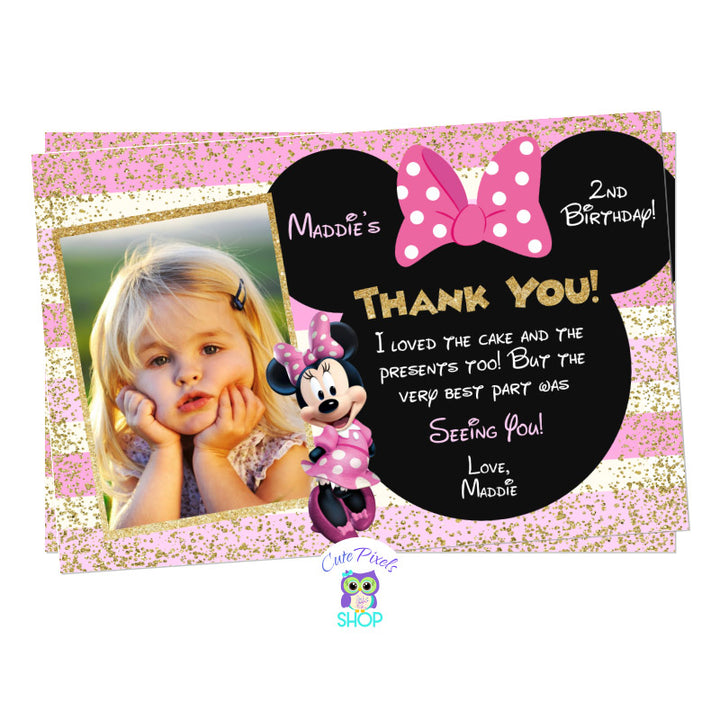 Minnie Mouse Thank You Card in Pink and Gold for a Cute Minnie Mouse Birthday Party, includes child's photo, text in a Minnie head with bow, lots of gold glitter and pink