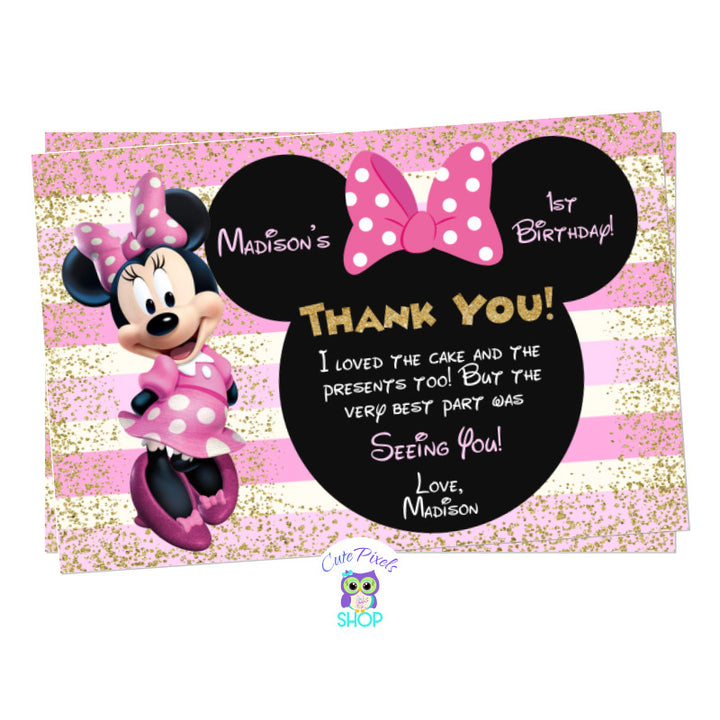 Minnie Mouse Thank You Card in Pink and Gold for a Cute Minnie Mouse Birthday Party, includes text in a Minnie head with bow, lots of gold glitter and pink