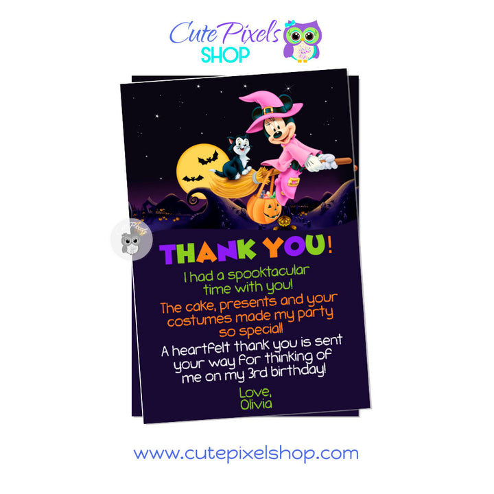 Minnie Mouse Halloween Thank You Card. Minnie dressed as cute witch in pink flying in a broom in a Halloween night. Perfect for a not so scary halloween birthday