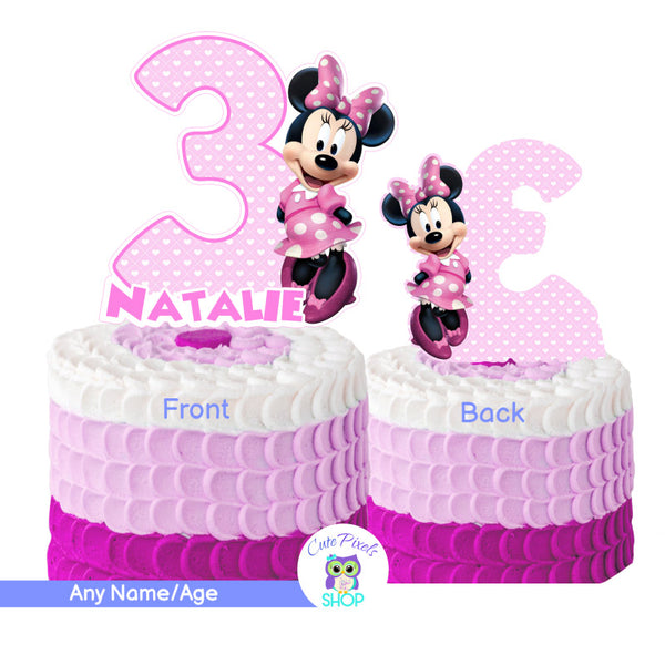 Minnie Mouse Cake topper in pink, with Minnie Mouse, age and your child's name. Use as Centerpiece too