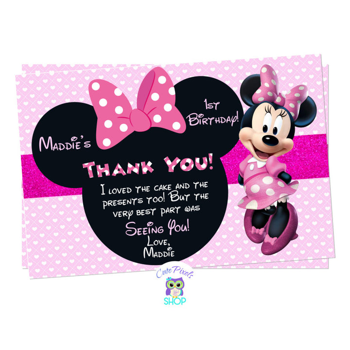 Minnie Mouse Thank You Card with a Pink background full of hearts. Thank you message in a Minnie Head with Pink Bow.