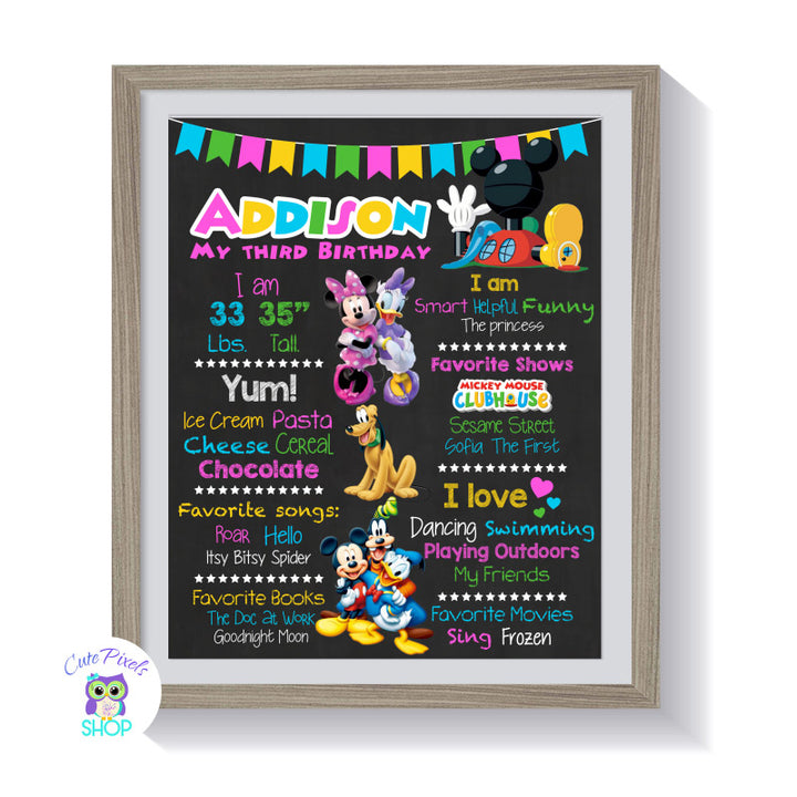 Minnie Mouse Birthday sign, Mickey Mouse Clubhouse chalkboard sign in pink with milestones for child with Mickey Mouse Clubhouse Characters placed in a frame
