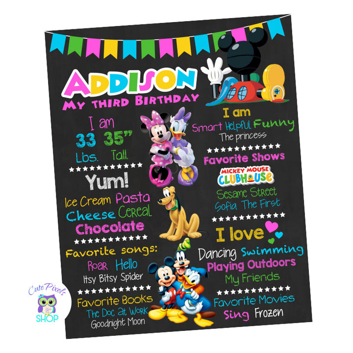 Minnie Mouse Birthday sign, Mickey Mouse Clubhouse chalkboard sign in pink with milestones for child with Mickey Mouse Clubhouse Characters