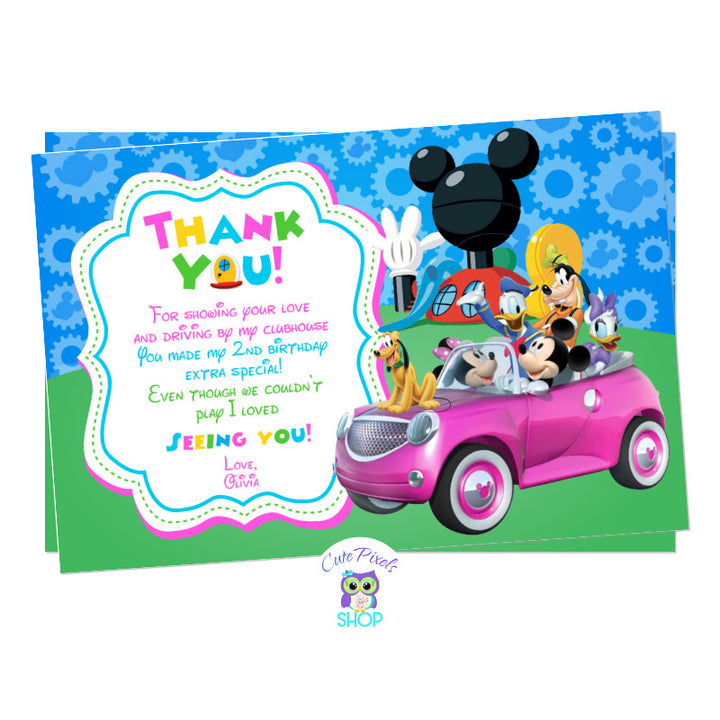 Minnie Mouse Drive By Birthday Parade Thank You Card. Mickey Mouse and the clubhouse friends in a car ready for a Drive By Birthday parade