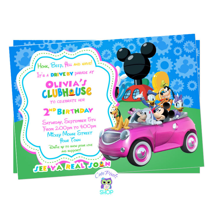Minnie Mouse Drive By Birthday Parade Invitation. Mickey Mouse and the clubhouse friends in a car ready for a Drive By Birthday parade
