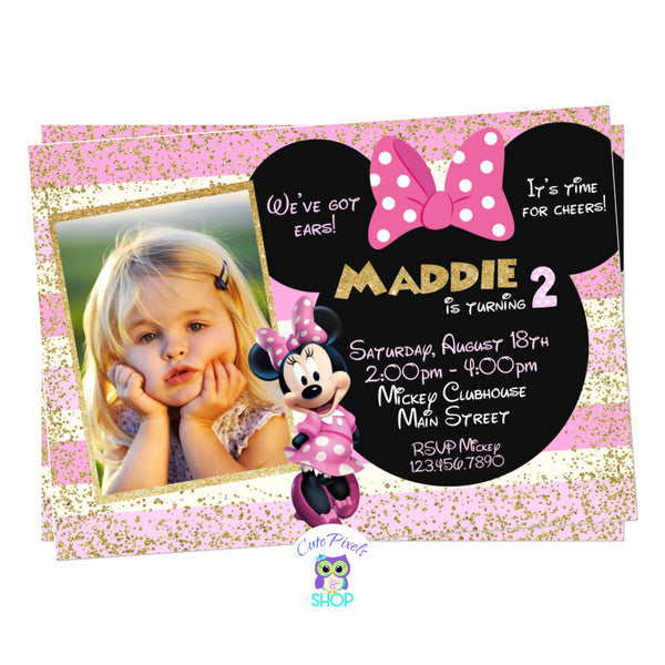 Minnie Mouse Invitation in Pink and Gold for a Cute Minnie Mouse Birthday Party, includes child's photo, text in a Minnie head with bow, lots of gold glitter and pink