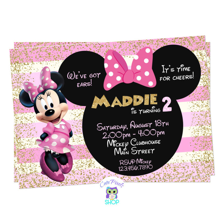 Minnie Mouse Invitation in Pink and Gold for a Cute Minnie Mouse Birthday Party, includes text in a Minnie head with bow, lots of gold glitter and pink