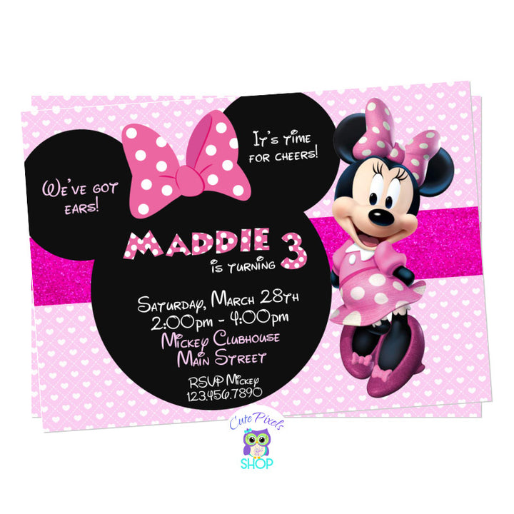 Minnie Mouse Invitation with a Pink background full of hearts. Party info in a Minnie Head with Pink Bow