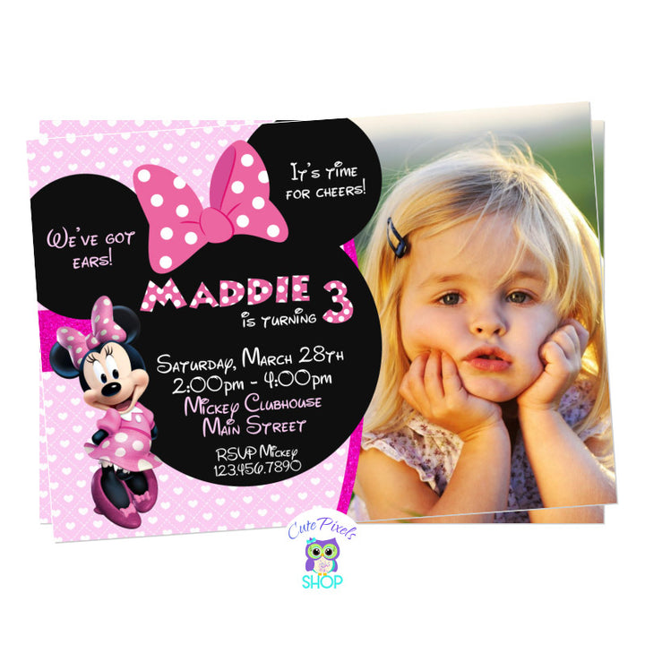 Minnie Mouse Invitation with a Pink background full of hearts. Party info in a Minnie Head with Pink Bow, Includes child's photo