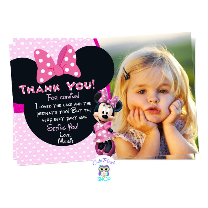 Minnie Mouse Thank You Card with a Pink background full of hearts. Thank you message in a Minnie Head with Pink Bow, Includes child's photo
