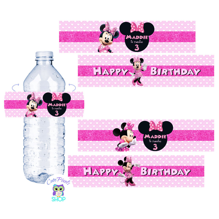 Minnie Mouse Water Bottle Labels in a pink background with hearts, Minnie Mouse and Minnie head with child's name and age and Happy Birthday