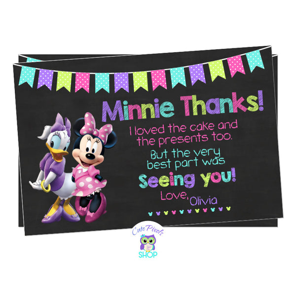 Minnie Mouse and Daisy Duck Card for a cute Minnie and Daisy Birthday. Minnie and Daisy in a chalkboard background and multicolor text for Party info