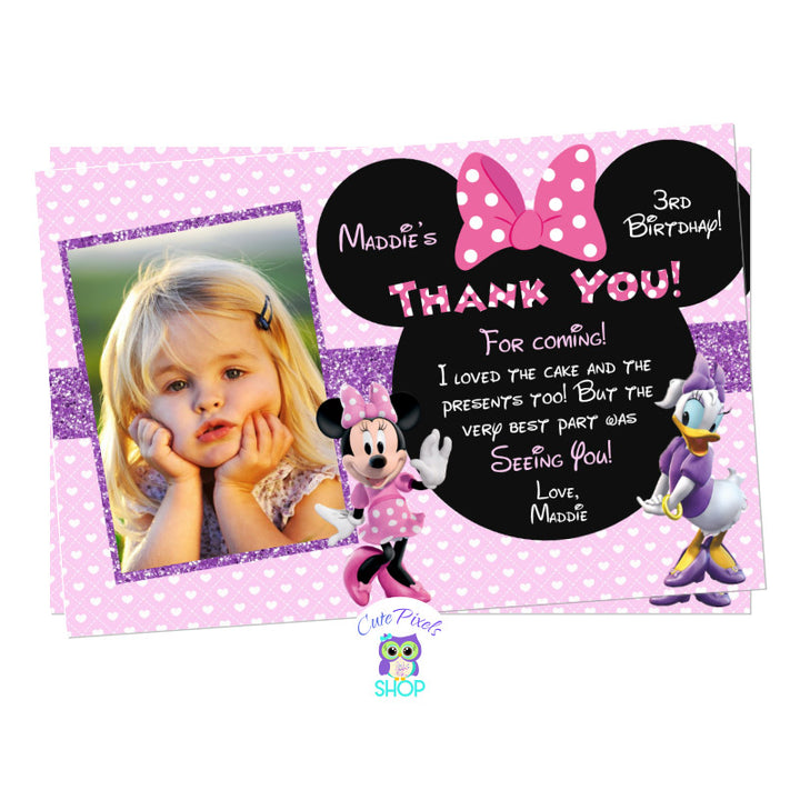 Minnie Mouse and Daisy Duck Thank You Card with child's photo for a cute Minnie and Daisy Birthday. Minnie and Daisy with a cute pink background and Minnie Bow Head with Party info