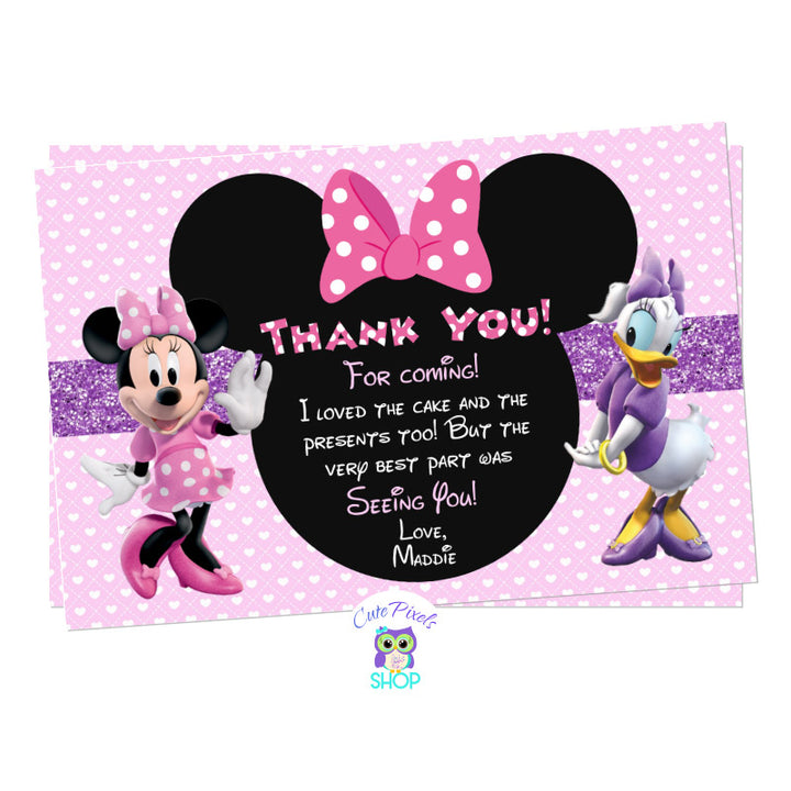 Minnie Mouse and Daisy Duck Thank You Card for a cute Minnie and Daisy Birthday. Minnie and Daisy with a cute pink background and Minnie Bow Head with Party info