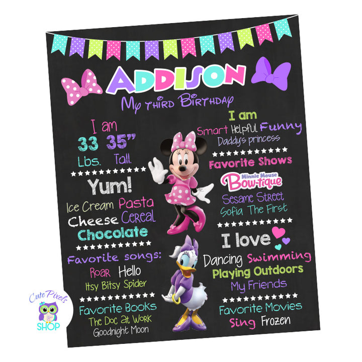 Minnie and Daisy Duck Birthday sign, chalkboard sign with milestones for child with Minnie Mouse and Daisy Duck, Multicolor Design