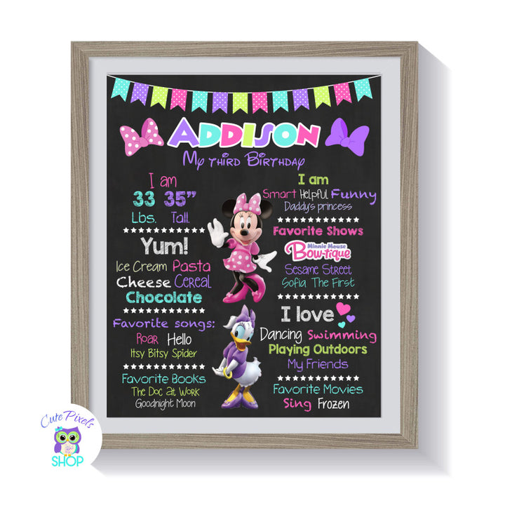 Minnie and Daisy Duck Birthday sign, chalkboard sign with milestones for child with Minnie Mouse and Daisy Duck, Multicolor Design in frame