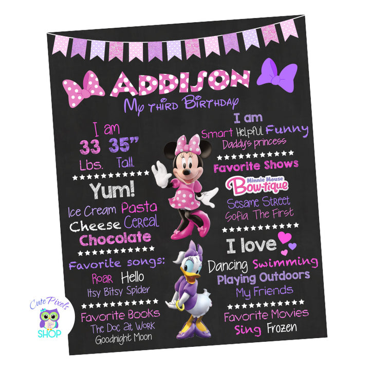 Minnie and Daisy Duck Birthday sign, chalkboard sign with milestones for child with Minnie Mouse and Daisy Duck, Pink and Purple Design