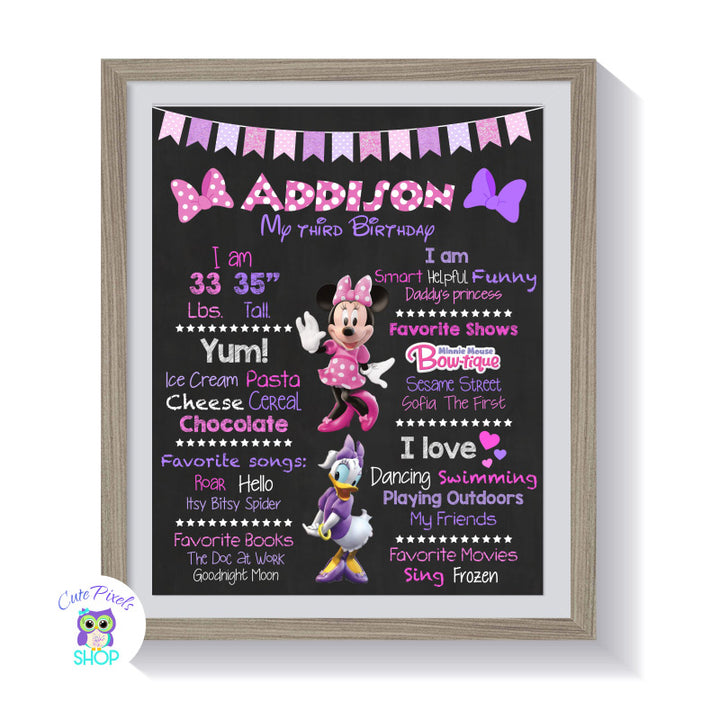 Minnie and Daisy Duck Birthday sign, chalkboard sign with milestones for child with Minnie Mouse and Daisy Duck, Pink and Purple Design in a frame