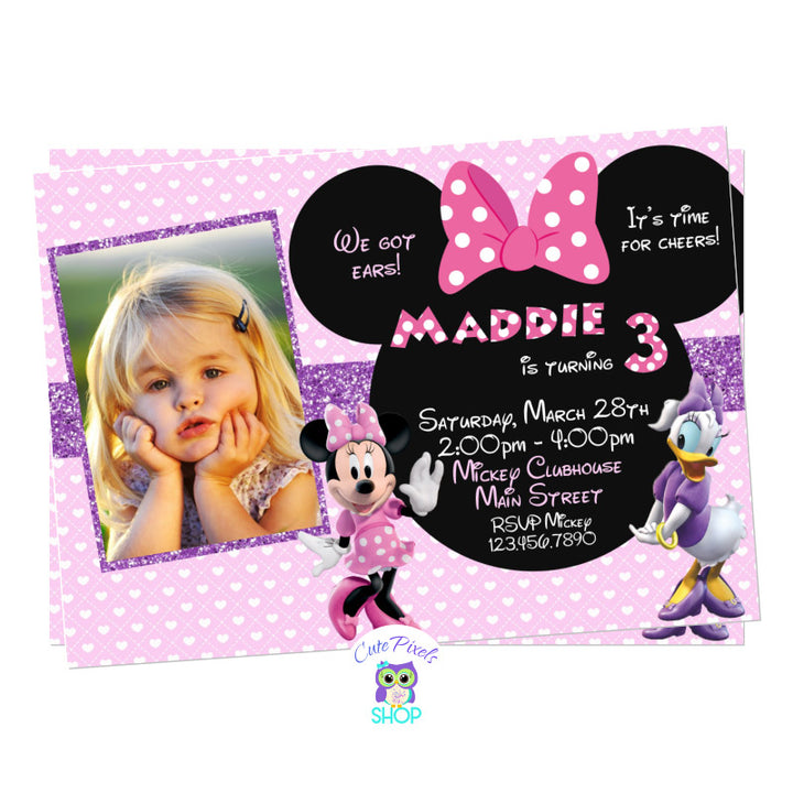 Minnie Mouse and Daisy Duck Invitation with child's photo for a cute Minnie and Daisy Birthday. Minnie and Daisy with a cute pink background and Minnie Bow Head with Party info