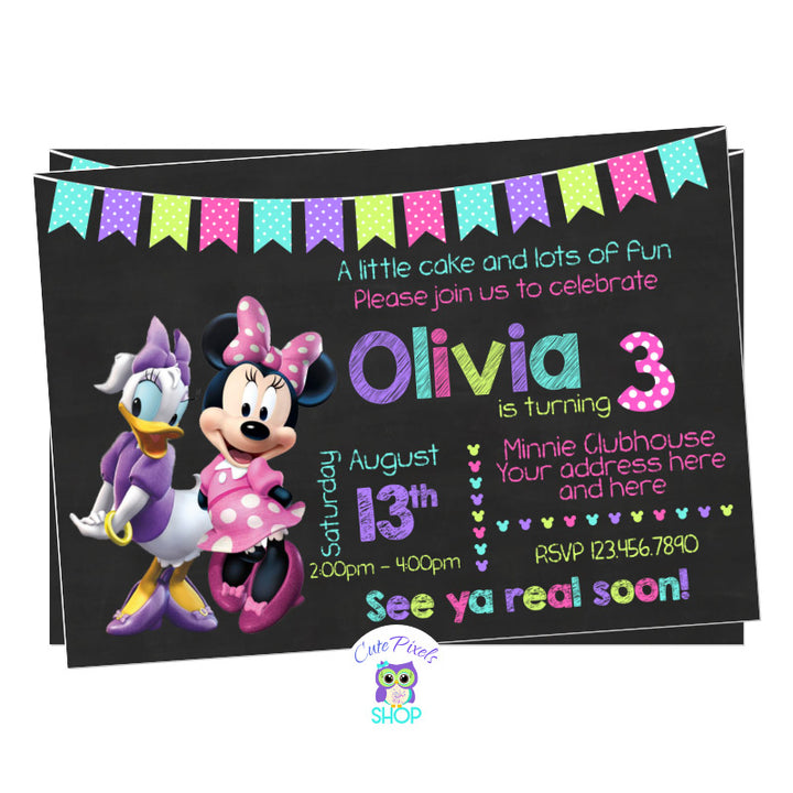 Minnie Mouse and Daisy Duck Invitation for a cute Minnie and Daisy Birthday. Minnie and Daisy in a chalkboard background and multicolor text for Party info