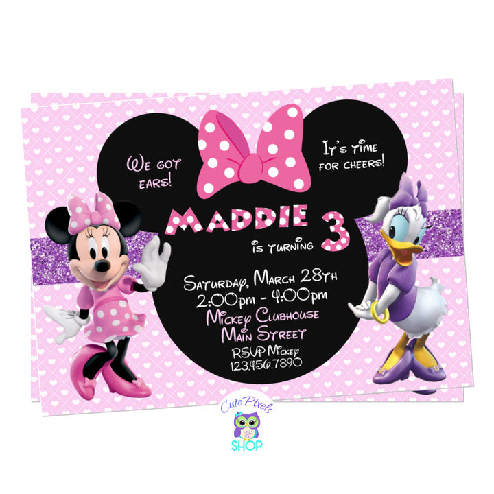 Minnie Mouse and Daisy Duck Invitation for a cute Minnie and Daisy Birthday. Minnie and Daisy with a cute pink background and Minnie Bow Head with Party info