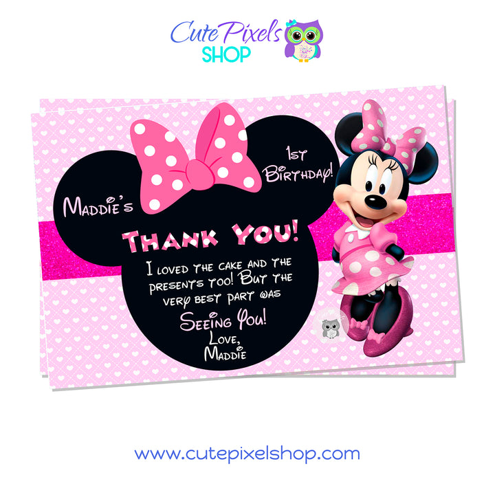 Minnie Mouse Thank you card with pink and hearts background and Minnie Head with pink Bow. Perfect for a Minnie Birthday Party