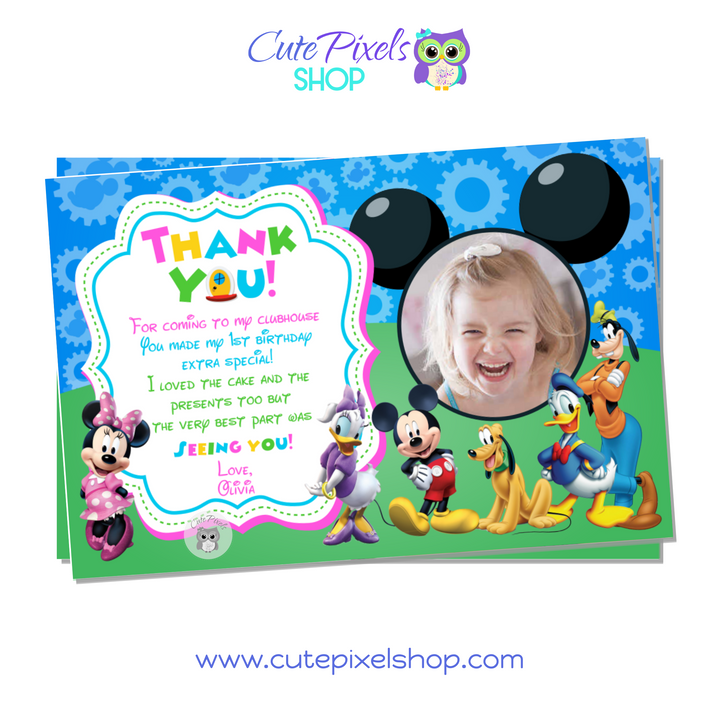 Mickey Mouse Clubhouse Thank You card with your child's photo in the Mickey Mouse ears and all Clubhouse friends in there too. Pink Design.