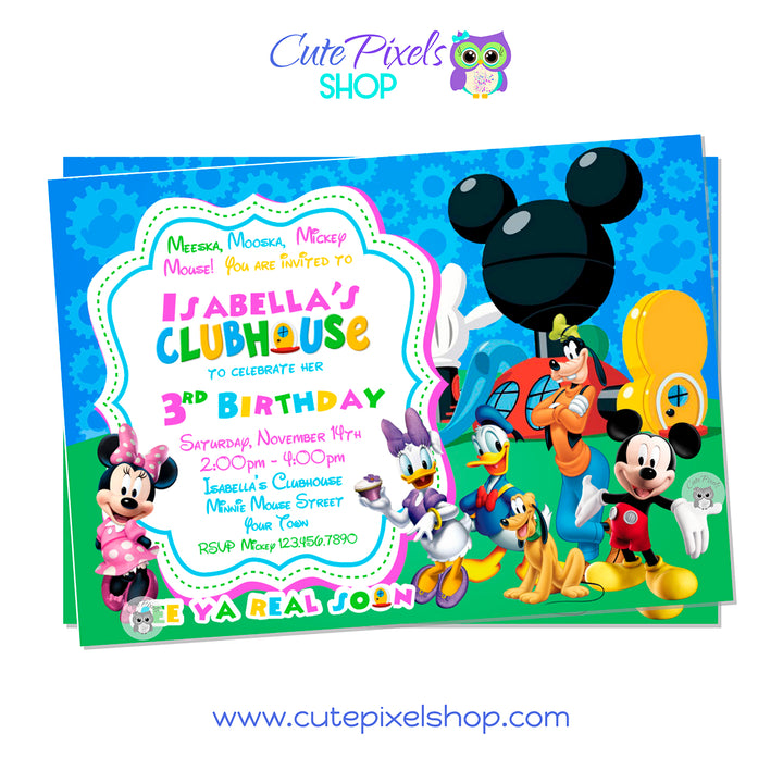 Minnie Mouse Clubhouse invitation card with all Culbhhouse friends pink design.