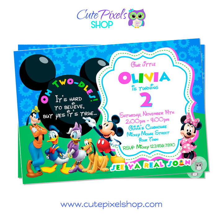 Mickey Mouse invitation. Oh Two-dles invitation perfect for a two birthday party with Mickey mouse clubhouse. Pink Design