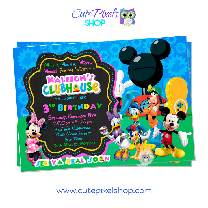 Mickey Mouse Clubhouse invitation with mickey gears background  and all clubhouse friends. Pink Design