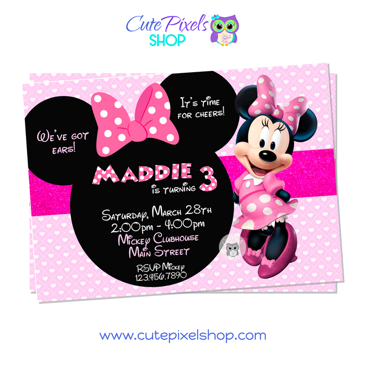 Minnie Mouse Invitation with pink and hearts background and Minnie Head with pink Bow. Perfect for a Minnie Mouse Birthday Party