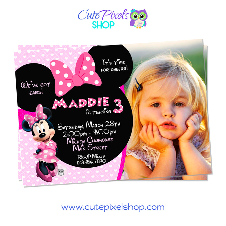 Minnie Mouse Invitation with pink and hearts background and Minnie Head with pink Bow. Includes child's photo, perfect for a Minnie Mouse Birthday Party