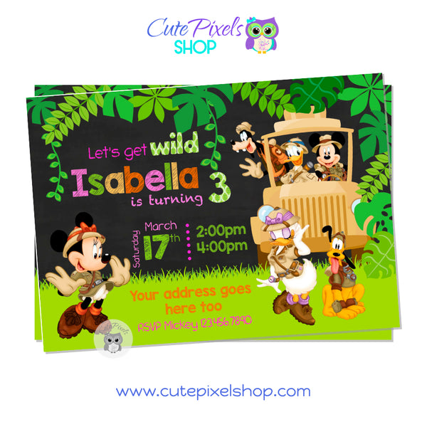 Minnie Mouse Safari invitation with Mickey, Minnie, Daisy, Donald and Goofy in Safari outfit perfect for a wild birthday